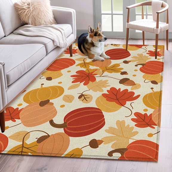 Area Rug 4x6 Ft, Maple Leaf Non Slip Area Rugs for Bedroom, Autumn Pumpkin Thanksgiving Country Farm Washable Low Pile Indoor Throw Carpet for Home Office Study Room Dining Room Nursery