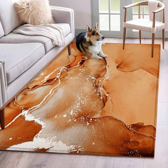 Area Rug 4x6 Ft, Marble Burnt Orange Non Slip Area Rugs for Bedroom, Modern Abstract Ink Painting Luxury Washable Low Pile Indoor Throw Carpet for Home Office Study Room Dining Room Nursery