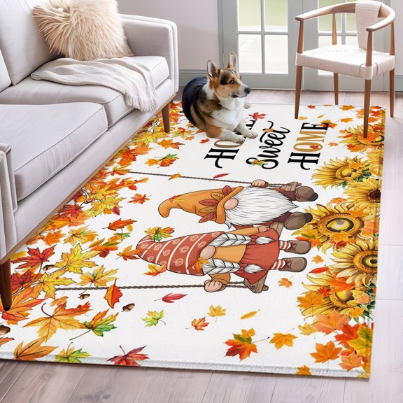Area Rug 4x6 Ft, Orange Fall Non Slip Area Rugs for Bedroom, Thanksgiving Gnomes Maple Leaf Sunflower Washable Low Pile Indoor Throw Carpet for Home Office Study Room Dining Room Nursery
