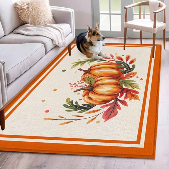 Area Rug 4x6 Ft, Orange Pumpkin Non Slip Area Rugs for Bedroom, Autumn Maple Leaf Thanksgiving Farm Washable Low Pile Indoor Throw Carpet for Home Office Study Room Dining Room Nursery