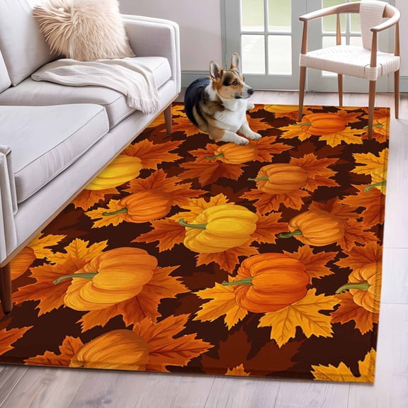 Area Rug 4x6 Ft, Orange Pumpkins Fall Non Slip Area Rugs for Bedroom, Maple Leaves Thanksgiving Botanical Washable Low Pile Indoor Throw Carpet for Home Office Study Room Dining Room Nursery