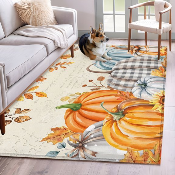 Area Rug 4x6 Ft, Orange Pumpkins Fall Non Slip Area Rugs for Bedroom, Thanksgiving Maple Leaf Rustic Washable Low Pile Indoor Throw Carpet for Home Office Study Room Dining Room Nursery