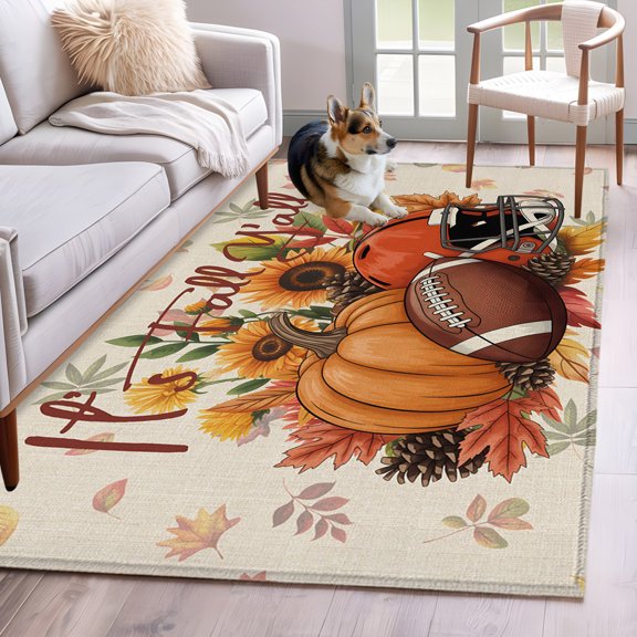 Area Rug 4x6 Ft, Pumpkin Football Fall Non Slip Area Rugs for Bedroom, Thanksgiving Sunflower Maple Beige Washable Low Pile Indoor Throw Carpet for Home Office Study Room Dining Room Nursery
