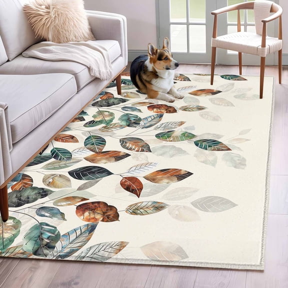 Area Rug 4x6 Ft, Teal Brown Botanical Non Slip Area Rugs for Bedroom, Pastoral Fall Weeping Maple Leaf Washable Low Pile Indoor Throw Carpet for Home Office Study Room Dining Room Nursery