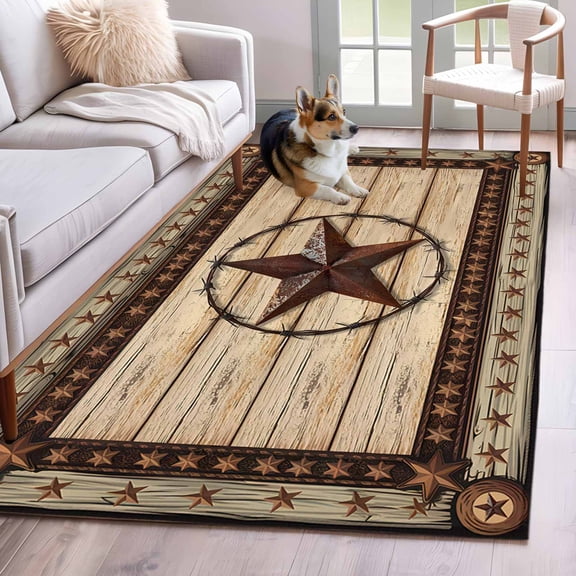 Area Rug 4x6 Ft, Texas Star Brown Non Slip Area Rugs for Bedroom, Country Star Rustic Vintage Wooden Washable Low Pile Indoor Throw Carpet for Home Office Study Room Dining Room Nursery
