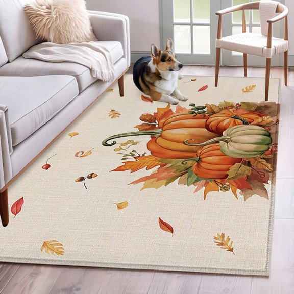 Area Rug 4x6 Ft, Thanksgiving Fall Non Slip Area Rugs for Bedroom, Pumpkin Harvest Orange Maple Leaf Rustic Washable Low Pile Indoor Throw Carpet for Home Office Study Room Dining Room Nursery