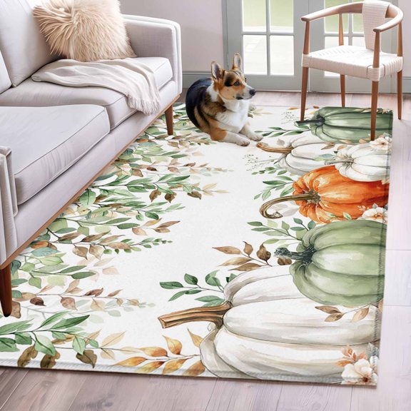 Area Rug 4x6 Ft, Thanksgiving Non Slip Area Rugs for Bedroom, Fall Sage Green White Pumpkin Maple Leaf Washable Low Pile Indoor Throw Carpet for Home Office Study Room Dining Room Nursery