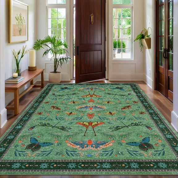 Area Rug 4x6 Indoor Floral Insect Pattern, Ultra Soft Machine Washable Stain Resistant, Non-Slip Backing Low Pile for Living Room Bedroom Dining Office