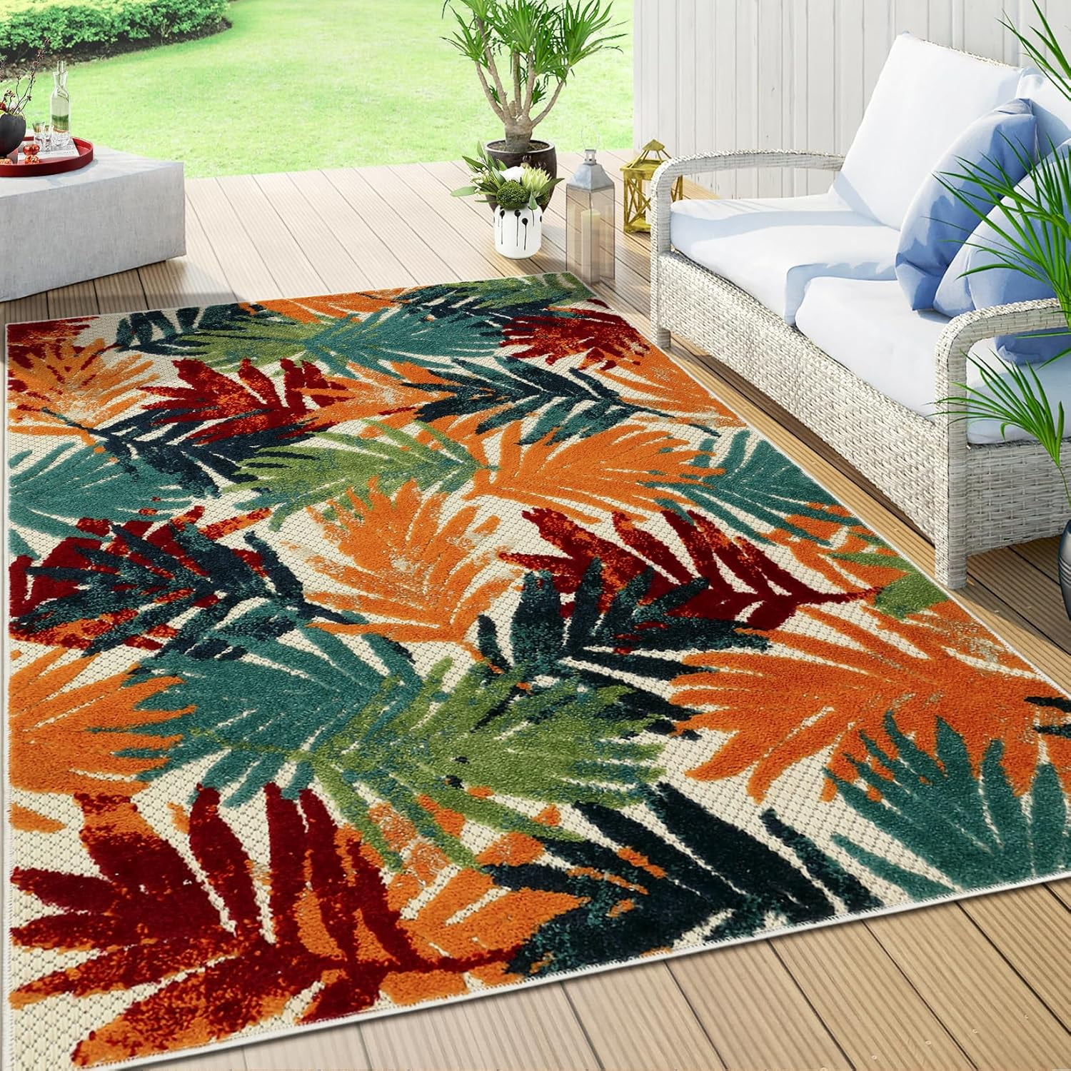 Area Rug 4x6 Indoor/Outdoor Rug Leaves Floral Textured Weave Floor ...