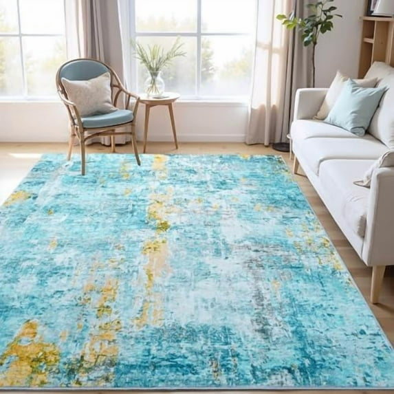 Area Rug 4x6 Teal Blue Rug Washable Boho Rugs Non Slip Low Pile Abstract Small Carpet for Entryway, Bedroom, Kitchen, Classroom, Kids Room, Office, Dorm, Dining Room