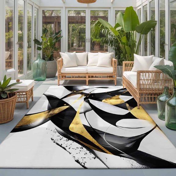 Area Rug 4x6ft, Abstract Black Gold White Lines Art Washable Rugs for Living Room Bedroom, Modern Geometric Pattern Soft Non-slip Area Rugs Rectangle Floor Carpet for Dining Room