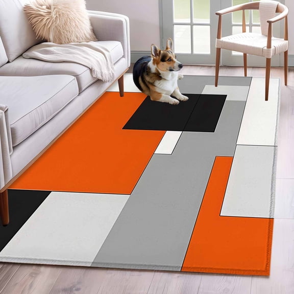 Area Rug 4x6ft, Abstract Minimalist Patchwork Art Washable Rugs for Living Room Bedroom, Orange Black Gray Block Soft Non-slip Area Rugs Rectangle Floor Carpet for Dining Room