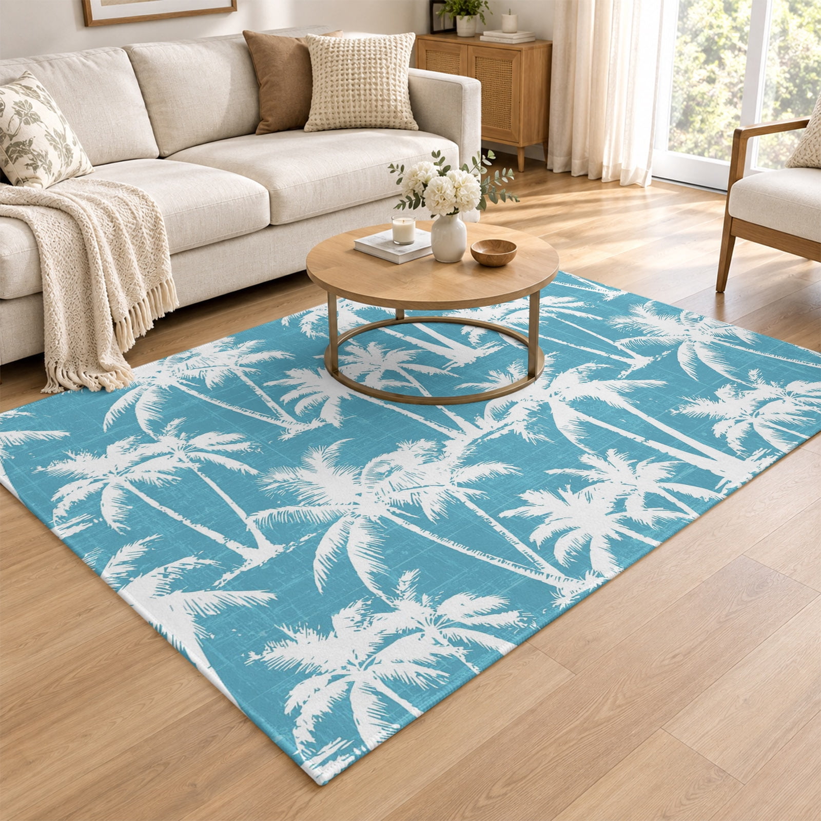 Area Rug 4x6ft, Aqua Blue Palm Tree Summer Low Pile Washable Rugs for ...