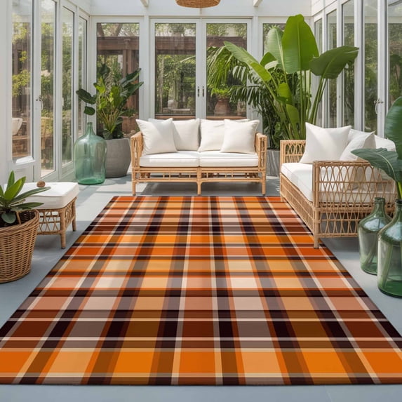 Area Rug 4x6ft, Autumn Orange Gradient Plaid Washable Rugs for Living ...