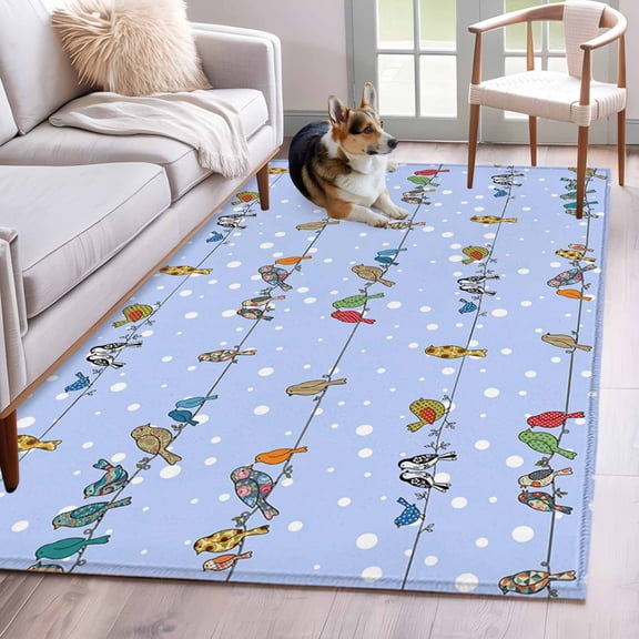 Area Rug 4x6ft, Birds Sparrows on Cables Washable Rugs for Living Room Bedroom, White Snow Points Soft Non-slip Area Rugs Rectangle Floor Carpet for Dining Room