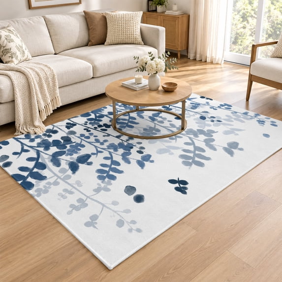 Area Rug 4x6ft, Blue Leaves Low Pile Washable Rugs for Entryway, Dorm ...