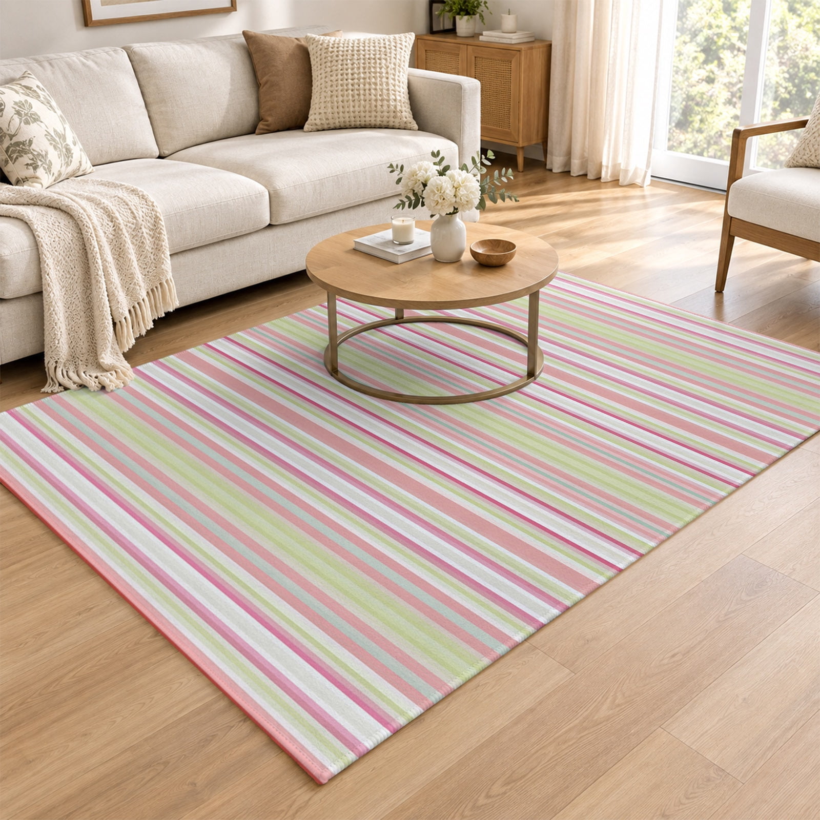 Area Rug 4x6ft, Blush Pink Striped Low Pile Washable Rugs for Entryway ...