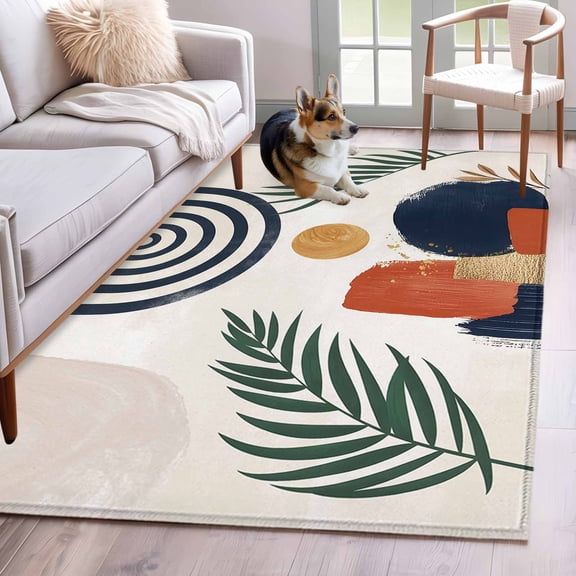 Area Rug 4x6ft, Bohemian Arch Stripe Tropical Palm Leaf Washable Rugs for Living Room Bedroom, Abstract Geometric ﻿art Soft Non-slip Area Rugs Rectangle Floor Carpet for Dining Room