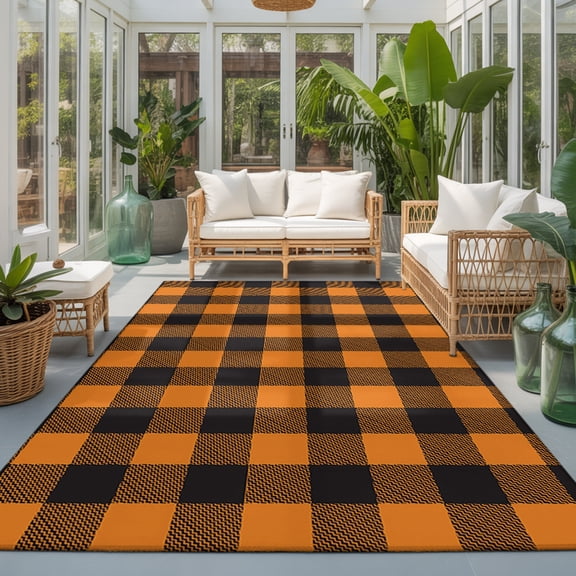 Area Rug 4x6ft, Buffalo Orange Black Gingham Plaid Washable Rugs for Living Room Bedroom, Halloween Theme Soft Non-slip Area Rugs Rectangle Floor Carpet for Dining Room