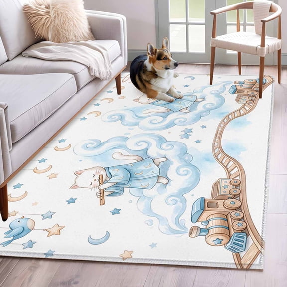 Area Rug 4x6ft, Cartoon Cats Stars Clouds Rail Orbiting Washable Rugs for Living Room Bedroom, Blue Birds Moon Soft Non-slip Area Rugs Rectangle Floor Carpet for Dining Room