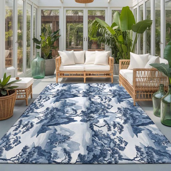 Area Rug 4x6ft, Chinese Style Plant Garden Landscape Washable Rugs for Living Room Bedroom, Chinoiserie Retro Style Soft Non-slip Area Rugs Rectangle Floor Carpet for Dining Room