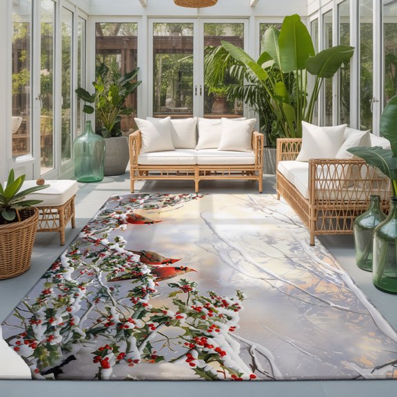 Area Rug 4x6ft, Christmas Red Bird on Tree Branch Washable Rugs for Living Room Bedroom, Winter Berry Snow Scenery Soft Non-slip Area Rugs Rectangle Floor Carpet for Dining Room