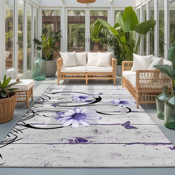 Area Rug 4x6ft, Country Gradient Purple Daisy Washable Rugs for Living Room Bedroom, Butterfly on Wood Grain Soft Non-slip Area Rugs Rectangle Floor Carpet for Dining Room