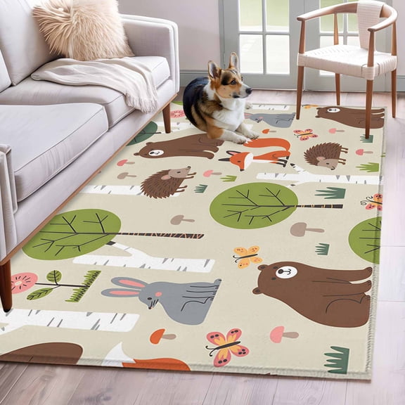 Area Rug 4x6ft, Cute Bear Hedgehog Fox Washable Rugs for Living Room Bedroom, Cartoon Tree Wild Flower Soft Non-slip Area Rugs Rectangle Floor Carpet for Dining Room