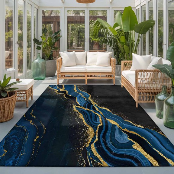Area Rug 4x6ft, Dark Blue Marble Fluid Washable Rugs for Living Room Bedroom, Gold Foil Abstract Stripe Soft Non-slip Area Rugs Rectangle Floor Carpet for Dining Room