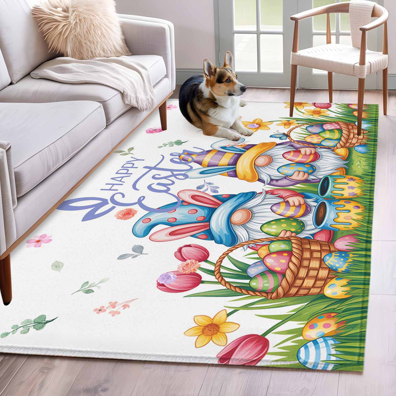 Area Rug 4x6ft, Easter Gnome Colorful Egg Washable Rugs for Living Room ...