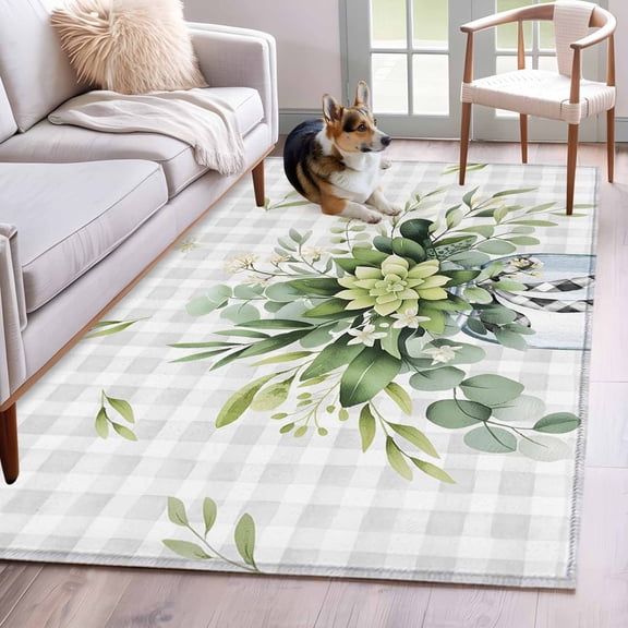 Area Rug 4x6ft, Eucalyptus Leaf Watercolor Plant Washable Rugs for Living Room Bedroom, Farm Floral Gray Checked Soft Non-slip Area Rugs Rectangle Floor Carpet for Dining Room