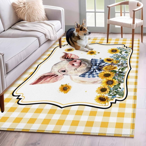 Area Rug 4x6ft, Farm Cute Pig in Sunflowers Washable Rugs for Living Room Bedroom, Funny Animal Yellow White Checked Soft Non-slip Area Rugs Rectangle Floor Carpet for Dining Room