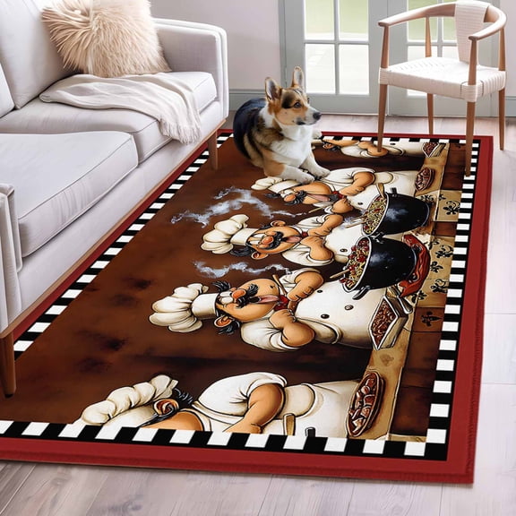 Area Rug 4x6ft, Fun Chef Food Kitchen Cooking Washable Rugs for Living Room Bedroom, Black White Checked Soft Non-slip Area Rugs Rectangle Floor Carpet for Dining Room