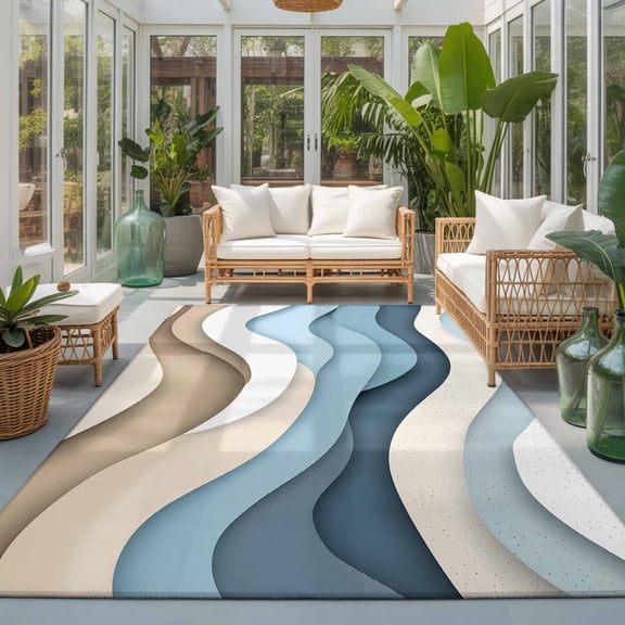 Area Rug 4x6ft, Gradient Abstract Blue Brown Ocean Waves Washable Rugs for Living Room Bedroom, Seaside Sand Soft Non-slip Area Rugs Rectangle Floor Carpet for Dining Room