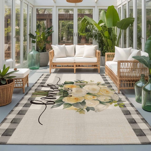 Area Rug 4x6ft, Hello Spring White Rose Bouquets Washable Rugs for ...