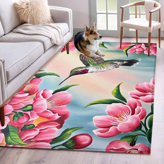 Area Rug 4x6ft, Hummingbird Flower Peach Blossom Washable Rugs for ...