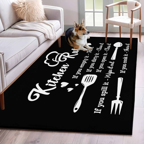 Area Rug 4x6ft, Kitchen Rules Black and White Washable Rugs for Living Room Bedroom, Kitchens Utensils Appliances Soft Non-slip Area Rugs Rectangle Floor Carpet for Dining Room
