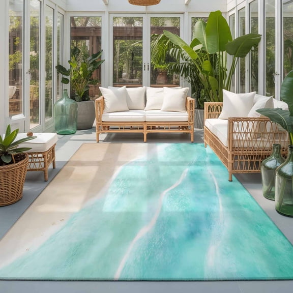 Area Rug 4x6ft, Minimalist Beach Shore Washable Rugs for Living Room Bedroom, Turquoise Ocean Water Soft Non-slip Area Rugs Rectangle Floor Carpet for Dining Room