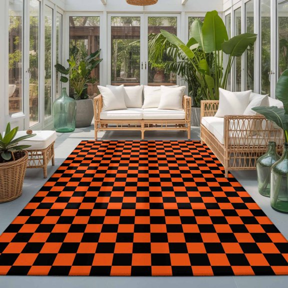 Area Rug 4x6ft, Modern Orange Black Buffalo Check Washable Rugs for Living Room Bedroom, Abstract Geometric Lattice Soft Non-slip Area Rugs Rectangle Floor Carpet for Dining Room