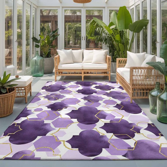 Area Rug 4x6ft, Moroccan Purple Ombre Gold Stripe Washable Rugs for Living Room Bedroom, Modern Geometric Style Soft Non-slip Area Rugs Rectangle Floor Carpet for Dining Room