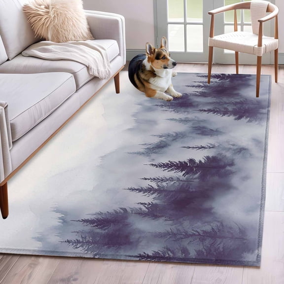Area Rug 4x6ft, Natural Misty Mountain Tree Forest Washable Rugs for Living Room Bedroom, Wild Hill Foggy Scenery Soft Non-slip Area Rugs Rectangle Floor Carpet for Dining Room