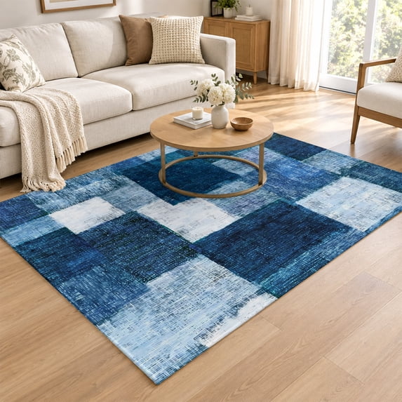 Carpet Texture Block Area Rug 4x6ft, Navy Blue Low Pile Washable Rugs for Entryway, Dorm ...