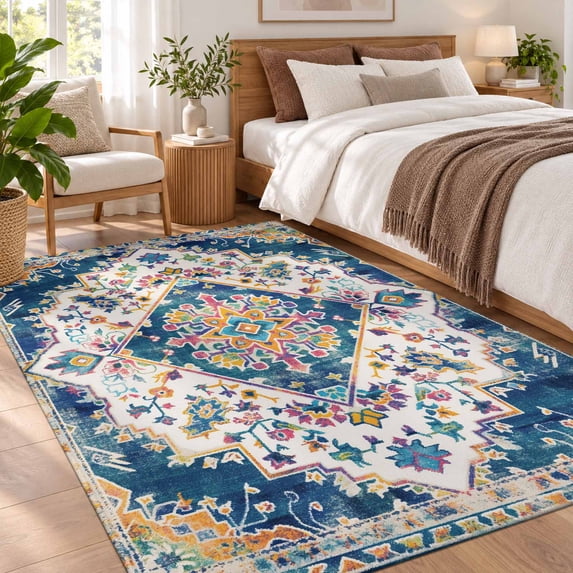 Area Rug 4x6ft, Navy Blue Yellow Non Slip Low Pile Area Rugs for ...