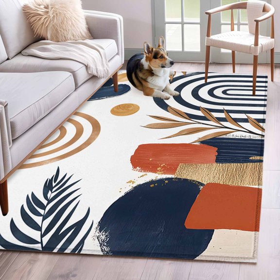 Area Rug 4x6ft, Nordic Abstract Leaves Arch Sun Washable Rugs for Living Room Bedroom, Terracotta Aesthetic Color Block Soft Non-slip Area Rugs Rectangle Floor Carpet for Dining Room