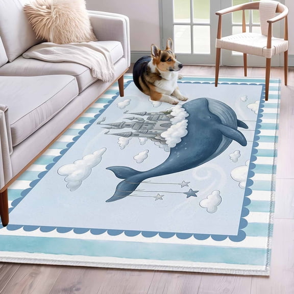 Area Rug 4x6ft, Ocean Whale Castle Cloud Sky Washable Rugs for Living Room Bedroom, Blue Theme Stripe Soft Non-slip Area Rugs Rectangle Floor Carpet for Dining Room
