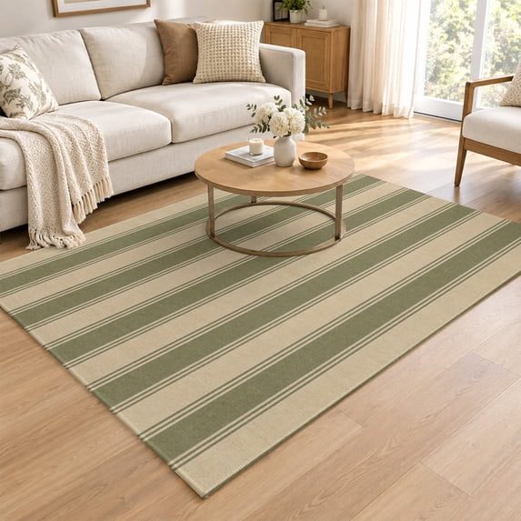 Area Rug 4x6ft, Olive Green Stripes Low Pile Washable Rugs for Entryway ...