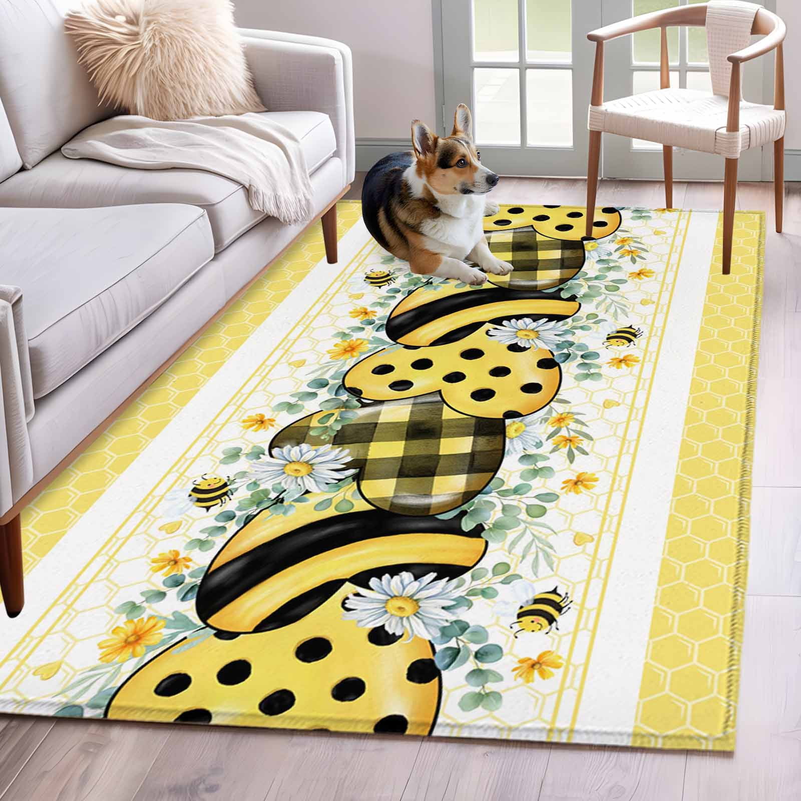 Area Rug 4x6ft, Pastoral Bee Daisy Flower Washable Rugs for Living Room ...