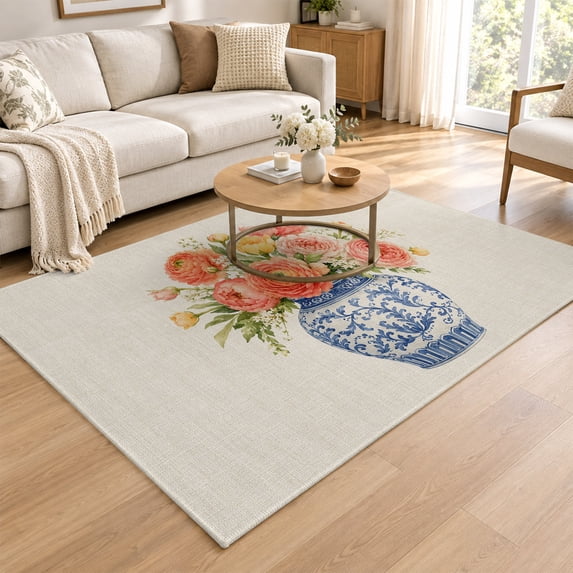 Spring Bouquets Area Rug 4x6ft, Pink Floral Vase Low Pile Washable Rugs for Entryway ...