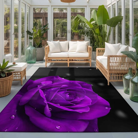 Area Rug 4x6ft, Purple Rose Flower on Black Washable Rugs for Living Room Bedroom, Floral Close-up Water Droplets Soft Non-slip Area Rugs Rectangle Floor Carpet for Dining Room