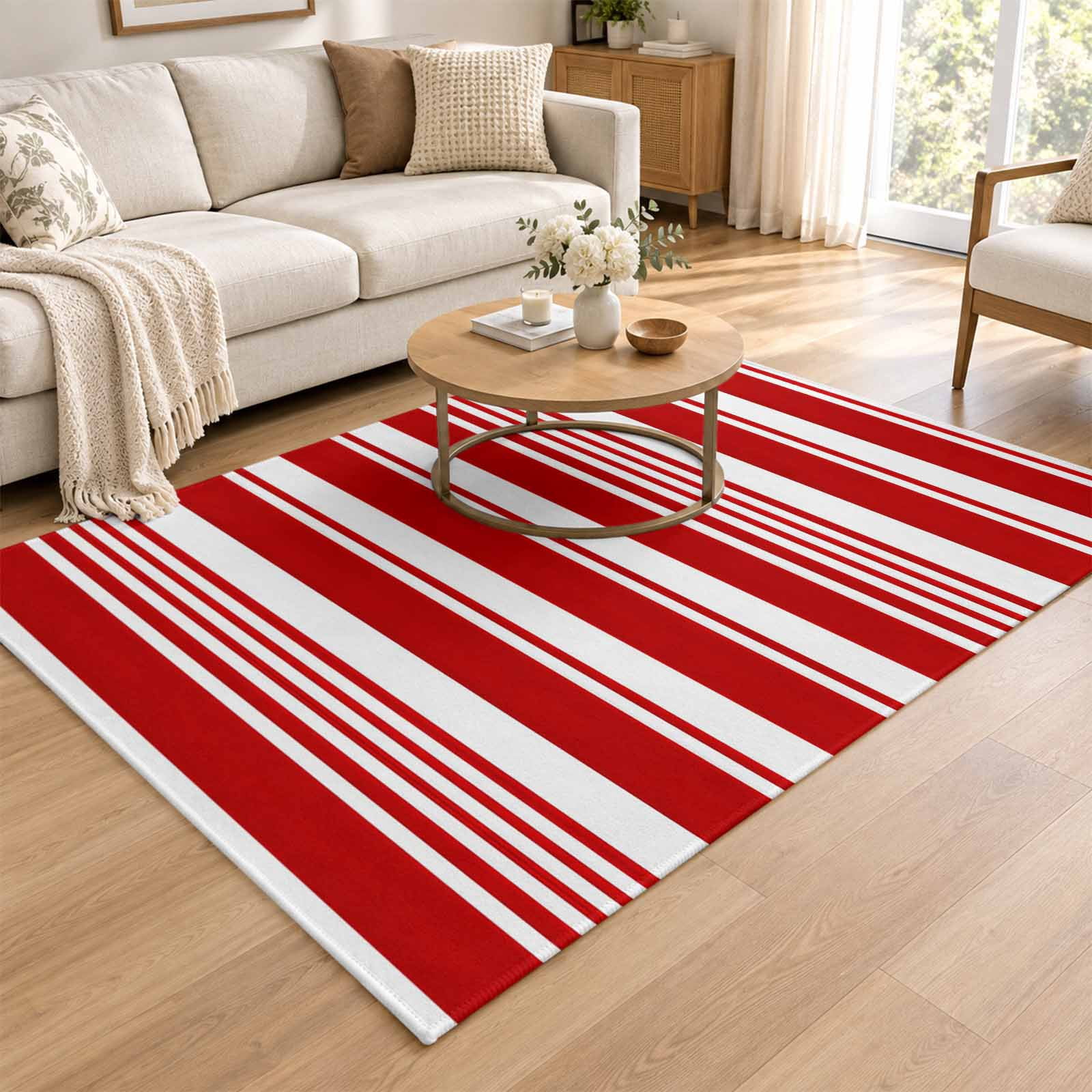 Area Rug 4x6ft, Red White Striped Christmas Low Pile Washable Rugs for ...